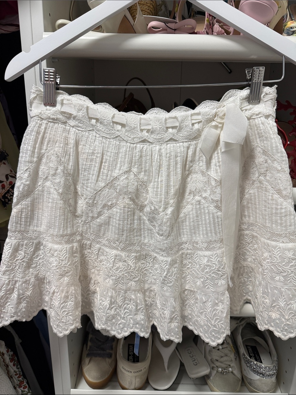 LoveShackFancy White Lace Embroidered Tiered Mini Skirt with Ribbon Tie